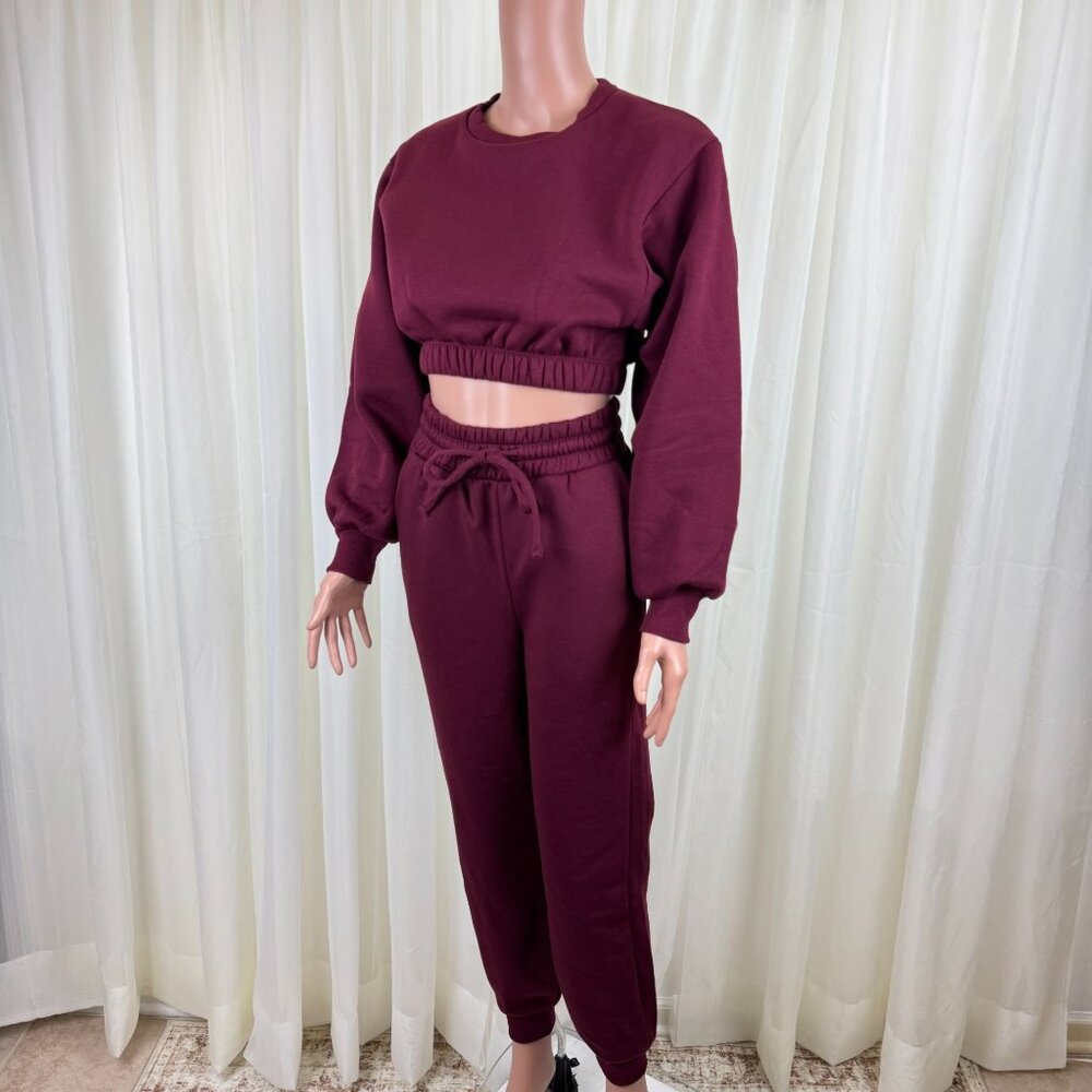 Zenana 2 Pcs Crop Sweatshirt Tracksuit High Waist Jogger Set Active Burgundy - Picture 4 of 10